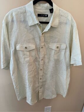 Axis Linen Button Up Shirt Top Green Yellow Short Sleeve Collared Summer mens XL